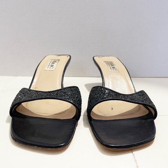 Vintage Isaac Mizrahi Black Open-Toe Mules Heels with Glitter Detail | Size 10B - Picture 6 of 14